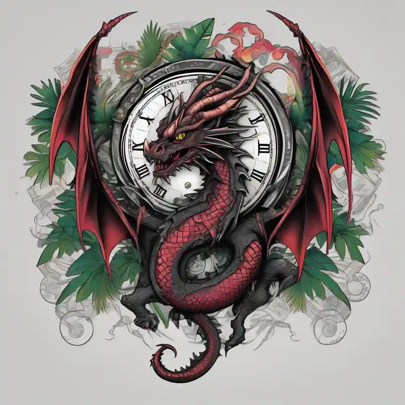 dotwork style Ideas para Tatuajes de Relojes en 2025 & Generar gratis about Dark dragon tattoo with clock and dollars and palms on background hello kitty tattoo